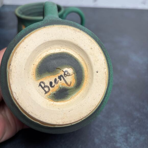 Studio Pottery "Beena" Tea Coffee Mugs Green Ceramic Botanical Print - Picture 7 of 7